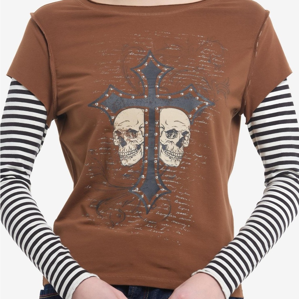 Hot Topic Shirt Skull Cross Rhinestones Striped Grunge Goth Emo Women L Junior 3 - Picture 7 of 7